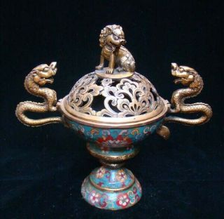 235mm Handmade Carved Statue Dragon Lion Brass Cloisonne Enamel Incense Burner