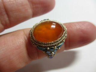 Stunning Vtg Chinese Export Sterling Enamel Ring W/large Carnelian Stone - No Res