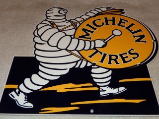 Vintage " Michelin Tires " Bibendum Tire Man W/ Drum 12 " Metal Gasoline & Oil Sign
