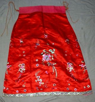 Antique Chinese Skirt Red Silk Qing Dynasty Flowers Hand Embroidery