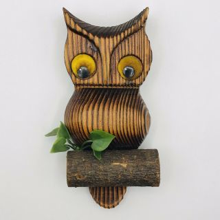 Vintage Wood Carved Burned Owl On Branch Folk Art Wall Hanging Felt Eyes