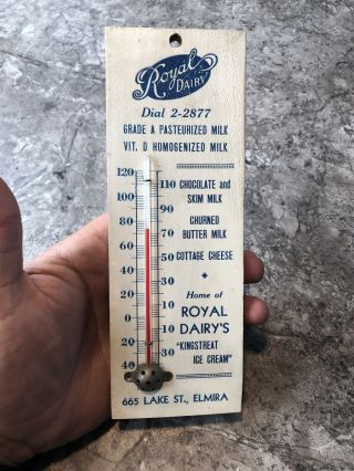 Vintage Wooden Royal Dairy Advertising Thermometer Elmira Ny Milk Farm Cattle