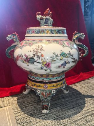 Large Oriental Porcelain Centre Piece,  Bowl Lid & Stand 32cm Tall.  Qianlong Mark