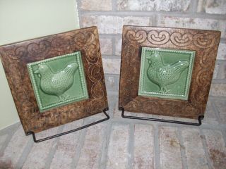 Rustic Cottage Farmhouse Chickens Hens Wood & Tile Towel Holder Wall Plaques Set