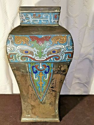 Large Antique Bronze Chinese /japanese Champleve Cloisonne Enamel Vase Lamp Base