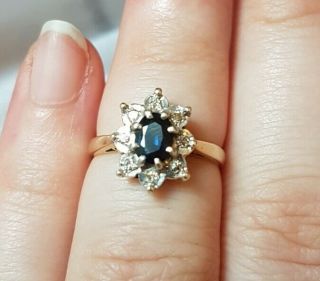 9ct 0.  5ct Blue Sapphire Diamond Cluster Vintage Engagement Ring Size J.  5 J 1/2