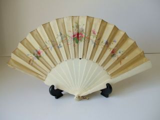 Antique Chinese Bone Hand - Painted On Silk Hand Fan Early 20th Century