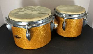 Vintage Trixon Orange Gold Metal Flake Steel Bongo Drums Made In Germany