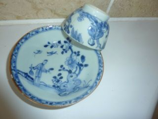 17/18th Century Chinese Tea Bowl &saucer With Blue Figures In Garden/willow Tree