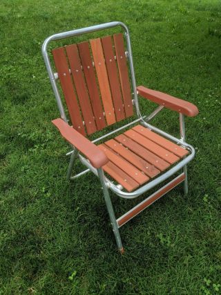 Vtg Aluminum Redwood Folding Lawn Chair Wood Slats