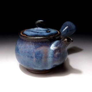@cm34: Japanese Tea Pot,  Hagi Ware By Famous Potter,  Seigan Yamane,  Blue Glaze