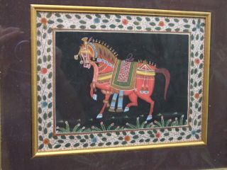 Antique Persian Red Horse Scene Hand Painted On Silk Oriental Art Decor