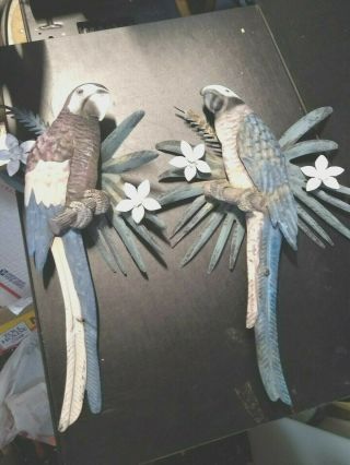 Pair 17 " Large Parrot Wall Hangings Tin Metal On Branch W/ Leaves