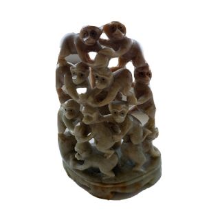 Antique Vintage Chinese Hand Carved Hard Soapstone 10 Wise Monkey Pyramid Tree