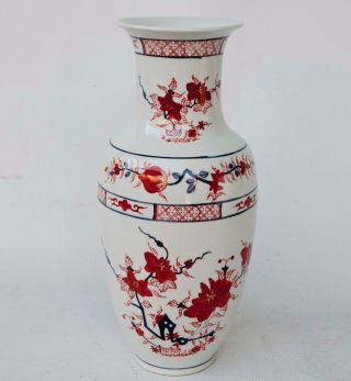 Chinese Hand Painted Floral Vase Red White Blue 12.  5 " T