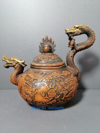 Chinese Old Tibet Bronze Handwork Carved Dragon Statue Teapot W Qianlong Mark