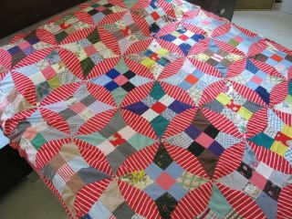 Impressive Vintage Hand Pieced Feed Sack Curved Nine Patch Quilt Top; 85 " X 74 "
