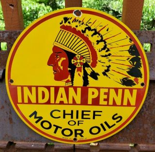 Old Vintage 1937 Indian Penn Chief Motor Oil Porcelain Enamel Gas Station Sign