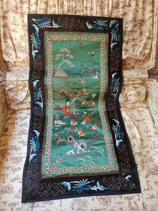 Vintage Chinese Hand Stitched Embroidered Silk Tapestry Panel Flowers 14 " X26 "