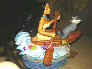 Pocahontas,  Meeko In Canoe Vintage Ceramic Musical Figurine By Enesco,