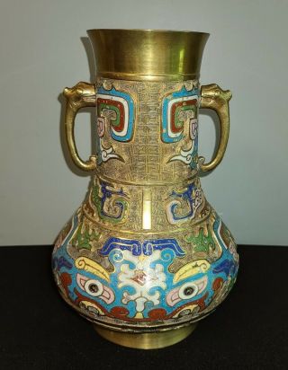 Large 12 " Antique Japanese Champleve Enamel Bronze Vase With Figural Handles