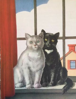 Black Cat And White Cat Sitting In Window 1943 Childrens Vintage Art Print