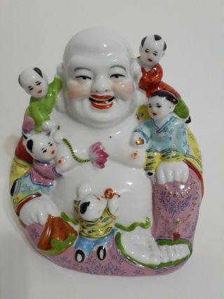 Vintage Chinese Porcelain Laughing Buddha Figure Surrounded By Children