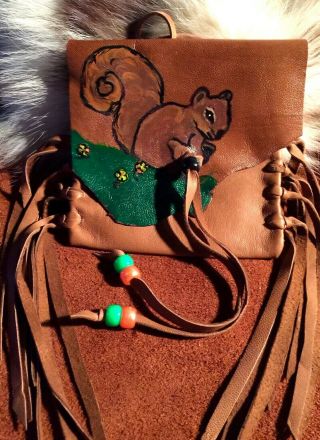 Squirrel,  Handmade,  Painted Lambskin Medicine Bag,  With Fringe And Pony Beads.