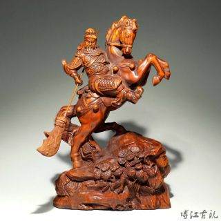 Collect China Old Boxwood Hand - Carved Guan Yu Ride Horse Delicate Decor Statue