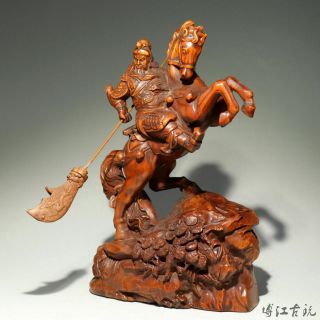 Collect China Old Boxwood Hand - Carved Guan Yu Ride Horse Delicate Decor Statue 2