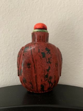 Antique Chinese Jasper Agate Snuff Bottle With Coral And Jade Top.