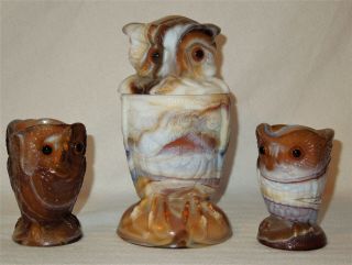 Vintage Imperial Slag Glass Owl Covered Figural Candy Dish,  Sugar & Creamer
