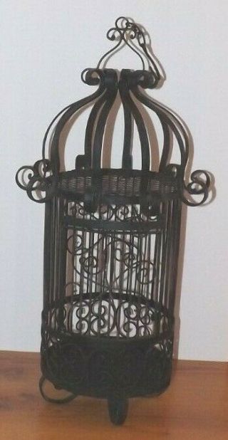 Vtg Black Wrought Iron Bird Cage Decorative 26 " Tall Heavy Hanging Or Tabletop