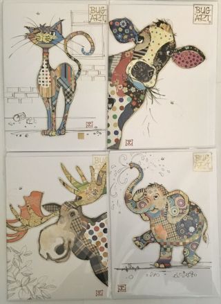 Cat Cow Moose Elephant 4 Blank Cards Foil Embossed Jewel Playful Fun Bug Art Uk