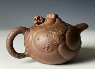 Antique Chinese Yixing Pottery Teapot With Fish And Dragon