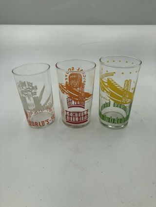 3 Vintage 1939 World Fair York Souvenir Drinking Glasses Various Buildings