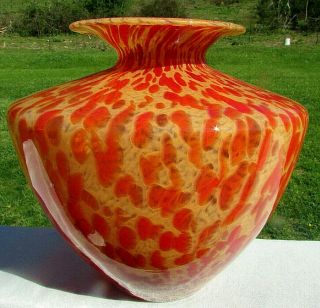Murano Vintage Art Glass Large Orange Marbled Italy Vase 10 " H X10 " W