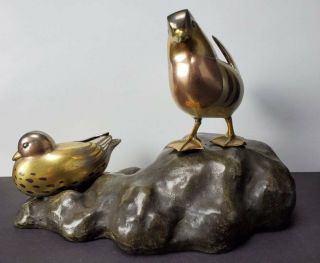 Signed Japanese Bronze Sculpture,  Two Ducks On A Rock