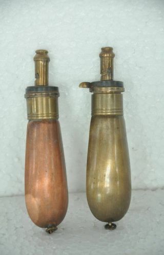 2 Pc Old Vintage Victorion Style Small Miniature Brass Gun Powder Bottle / Flask
