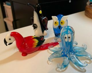 Murano Glass Style Penguin W/ Baby,  Parrot,  Owl & Octopus Hand Blown