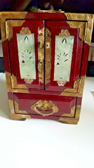 19th Antique Qing Dynasty Chinese Jewellery Box Cabinet Jade Inset Panels Brass