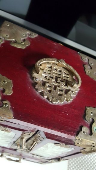 19th Antique Qing Dynasty Chinese Jewellery Box Cabinet Jade Inset Panels Brass 3