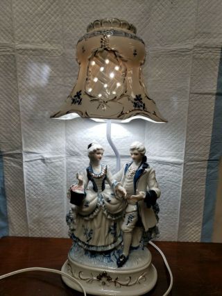 Vintage Blue And White,  Gold Trimmed Victorian Courting Couple Porcelain Lamp