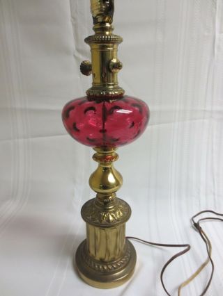 Vintage Fenton Cranberry Optic Coin Glass And Brass Lamp Base 20 1/2 "