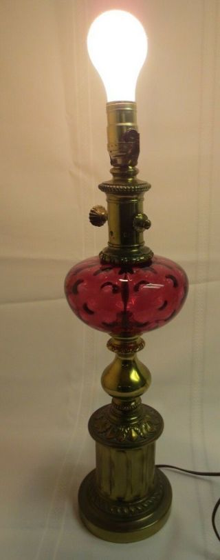 VINTAGE FENTON CRANBERRY OPTIC COIN GLASS AND BRASS LAMP BASE 20 1/2 