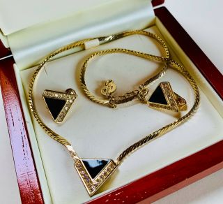 Vintage Signed Christian Dior Clear Crystal/black Enamel Necklace/earrings Set