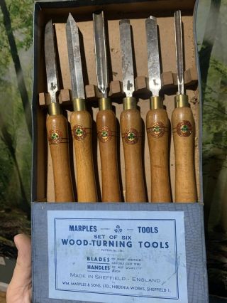 6 Vintage Marples Wood Carving Tools With Box.