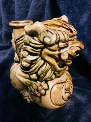 Vtg Majolica Ceramic Chinese Foo Dog Shisha Lion Candle Holder 6.  25” H