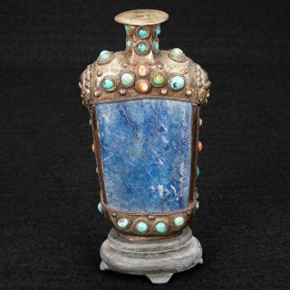 Sino Tibetan Snuff Bottle With Blue Stone,  Turquoise Coral On Stand Early 20th C