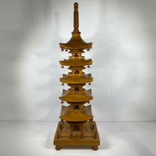 Japanese Vintage Wooden Five - Storied Pagoda " Ornament Shrine Temple 14” Tall